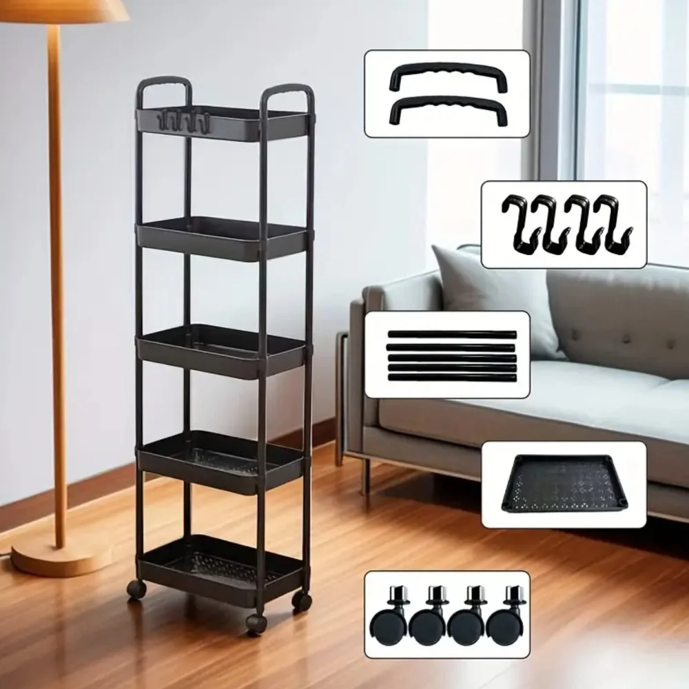 5-Tier Black Rolling Storage Cart - No hooks 🪝 included